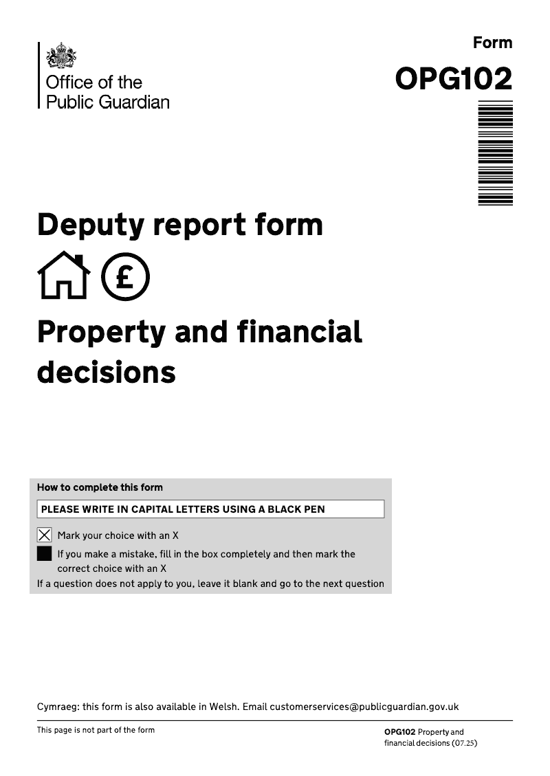 OPG102 Deputy report form Property and financial decisions preview