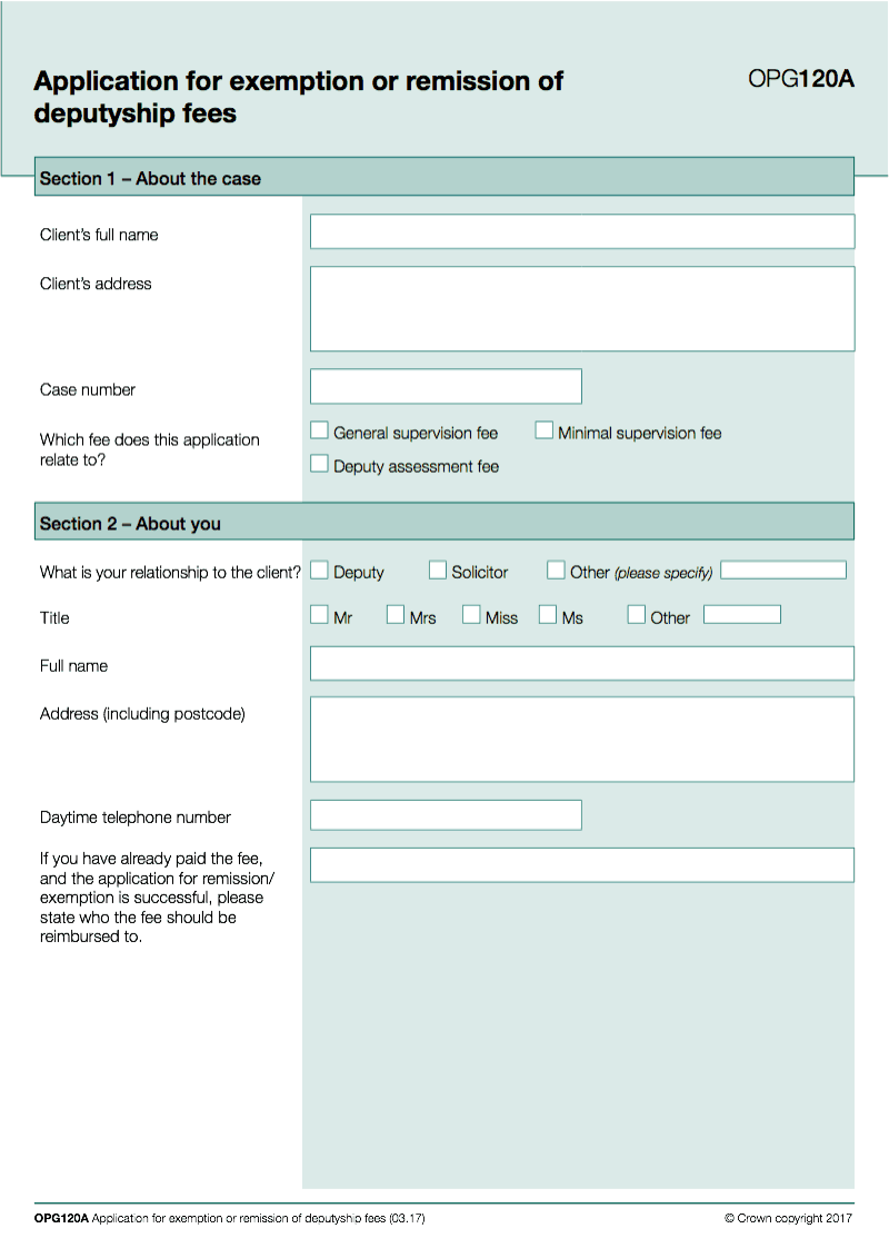 OPG120A Application for exemption or remission of Deputyship fees preview