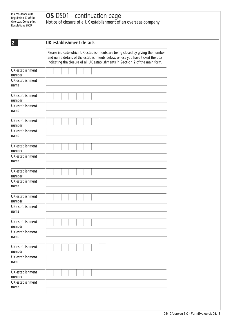 OS DS01 Continuation Page 1 UK establishment details continuation page OS DS01 Notice of closure of a UK establishment of an overseas company Regulation 77 preview