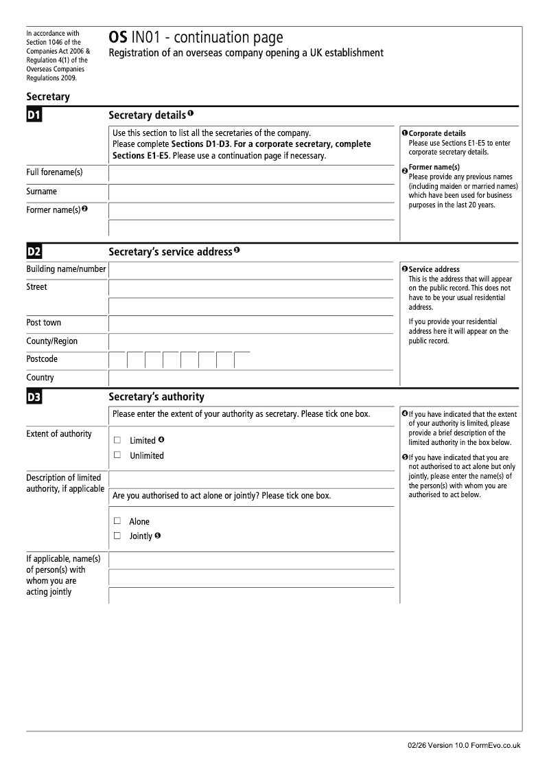 OS IN01 Continuation Page 1 Registration of an Overseas Company Opening a UK Establishment Secretary preview