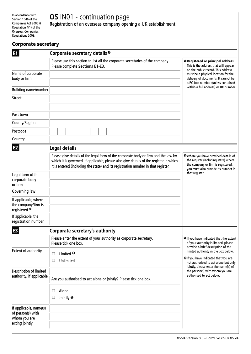 OS IN01 Continuation Page 2 Registration of an Overseas Company Opening a UK Establishment Corporate Secretary preview