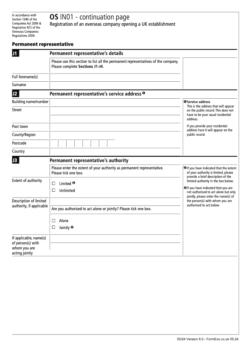 OS IN01 Continuation Page 5 Registration of an Overseas Company opening a UK establishment Permanent Representative preview