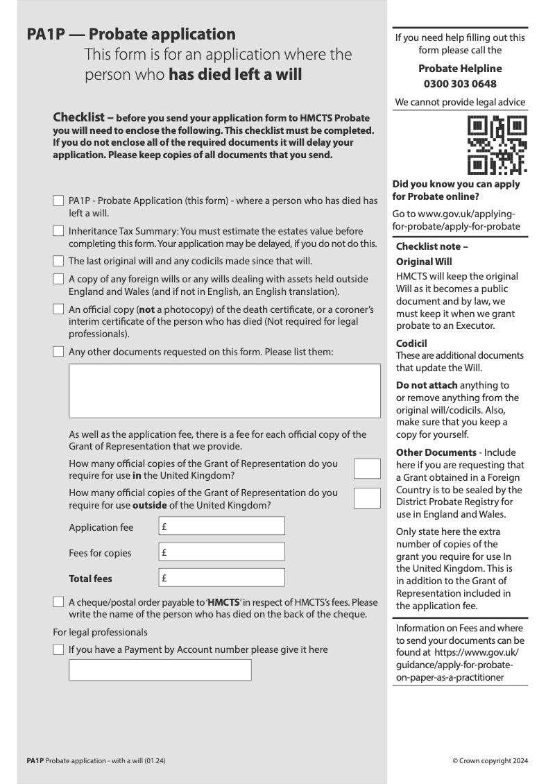 PA1P Probate Application Where the person who has died left a will preview