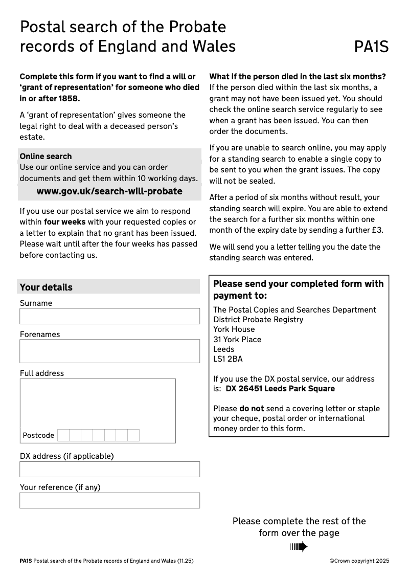 PA1S Postal search of the Probate records of England and Wales preview