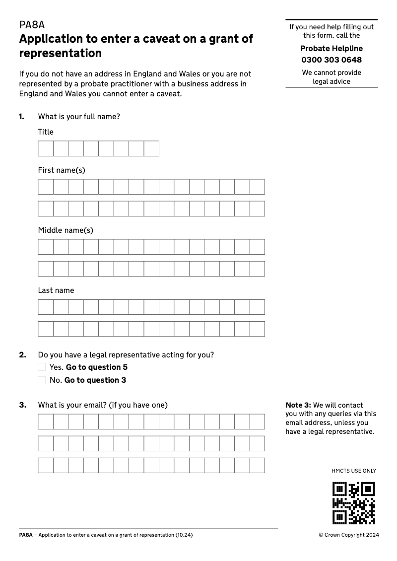 PA8A Caveat application form preview