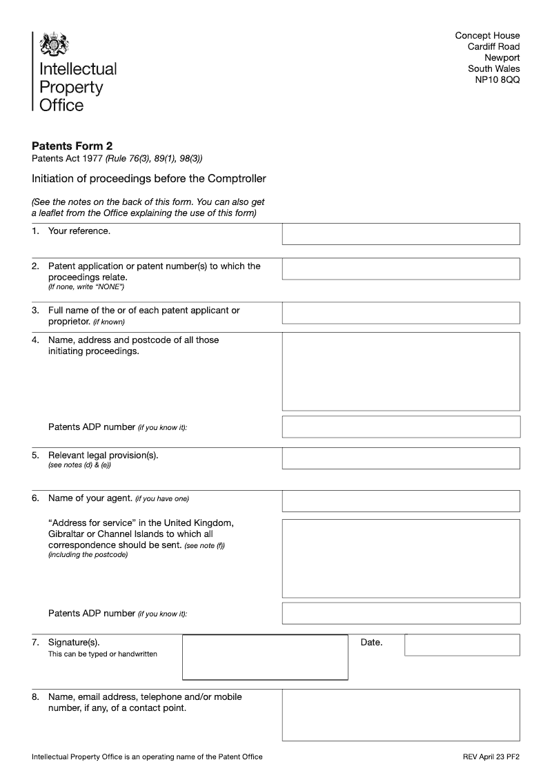 Patents Form 2 Initiation of proceedings before the Comptroller Patents Act 1977 Rule 76 3 89 1 98 3 preview