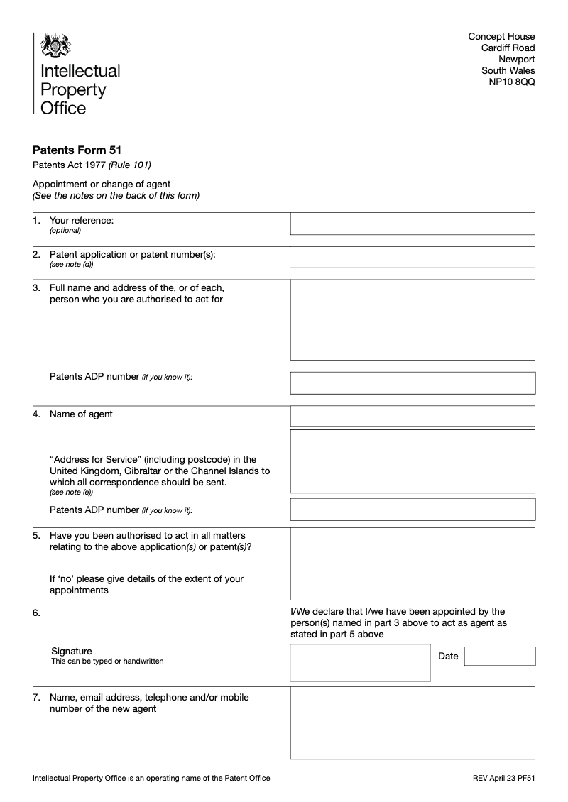 Patents Form 51 Appointment or change of agent Patents Act 1977 Rule 101 preview