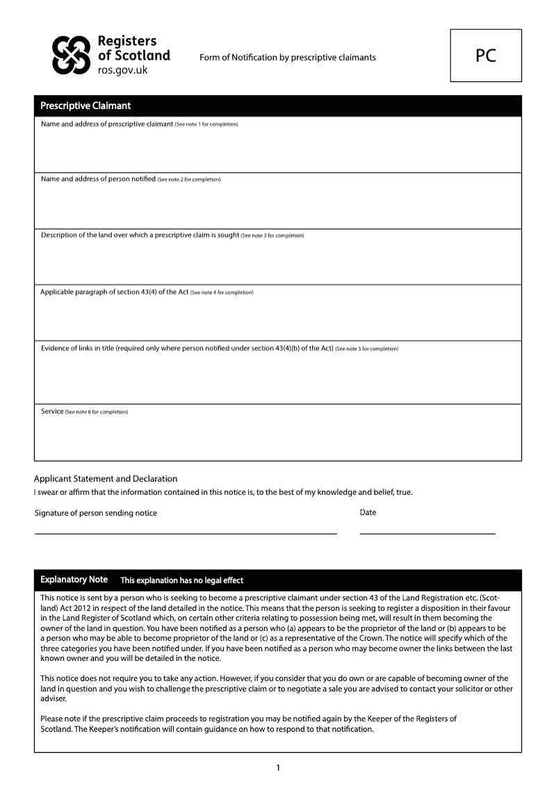 PC Form of Notification By Prescriptive Claimants preview