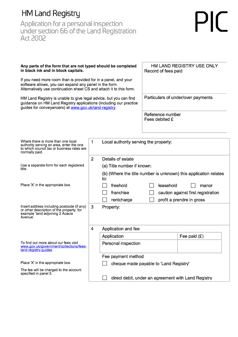 PIC Application for a personal inspection under section 66 of the Land Registration Act 2002 preview