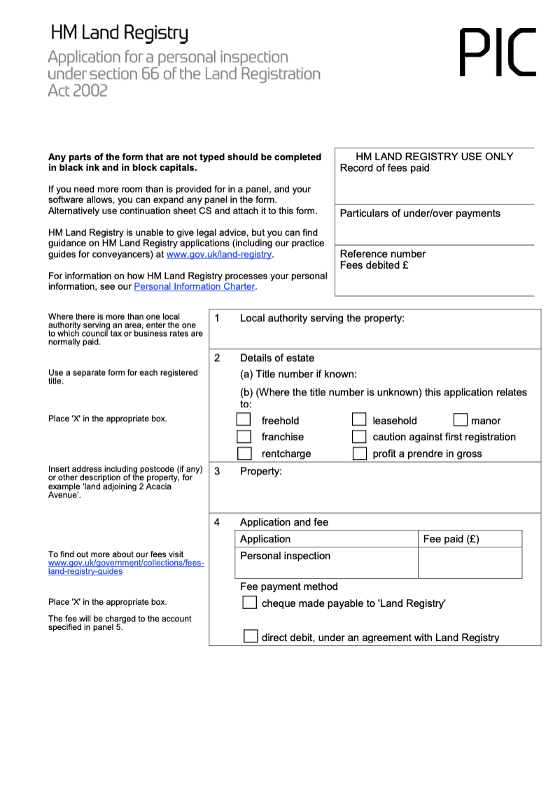 PICX Application for a personal inspection under section 66 of the Land Registration Act 2002 Word Version preview