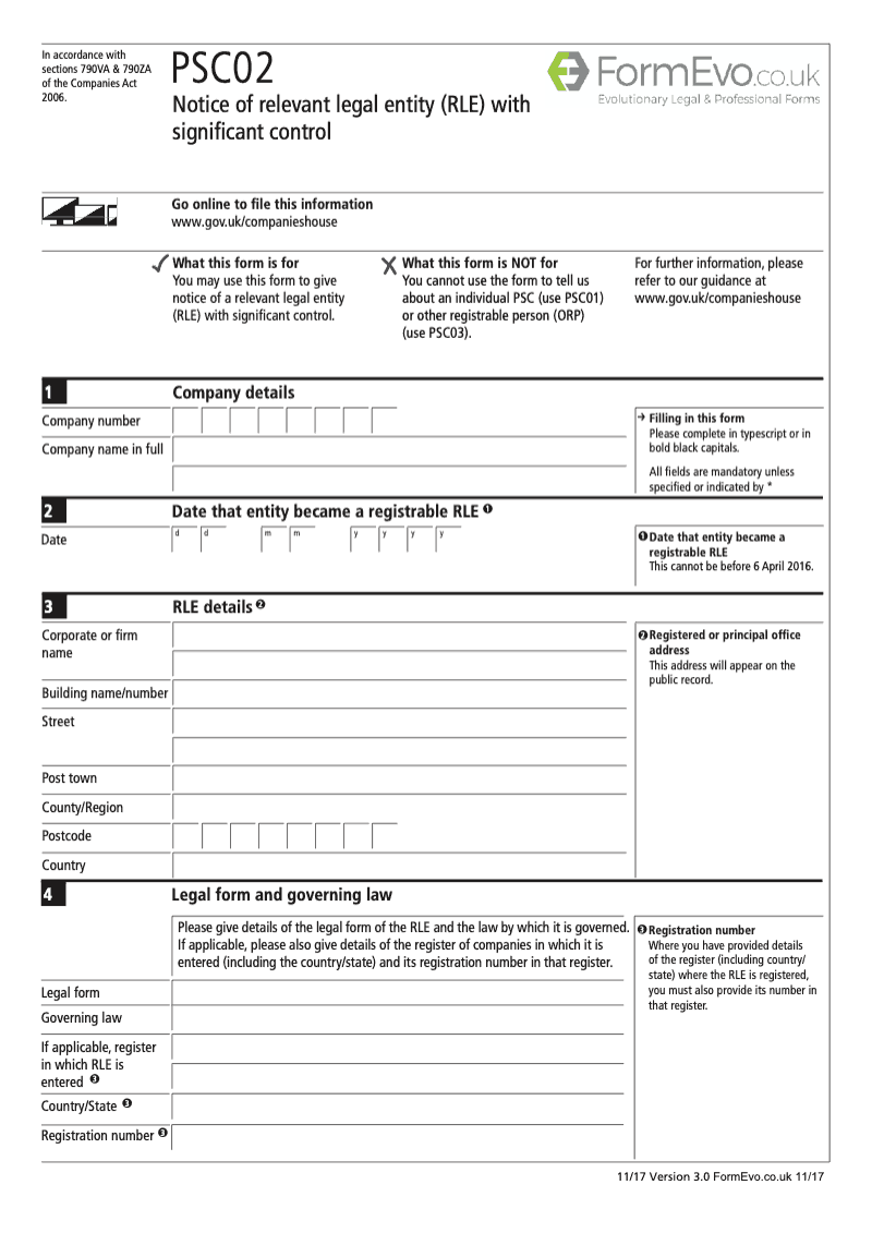 PSC02 Notice of relevant legal entity RLE with significant control Section 790A and 790ZA of the Companies Act 2006 preview