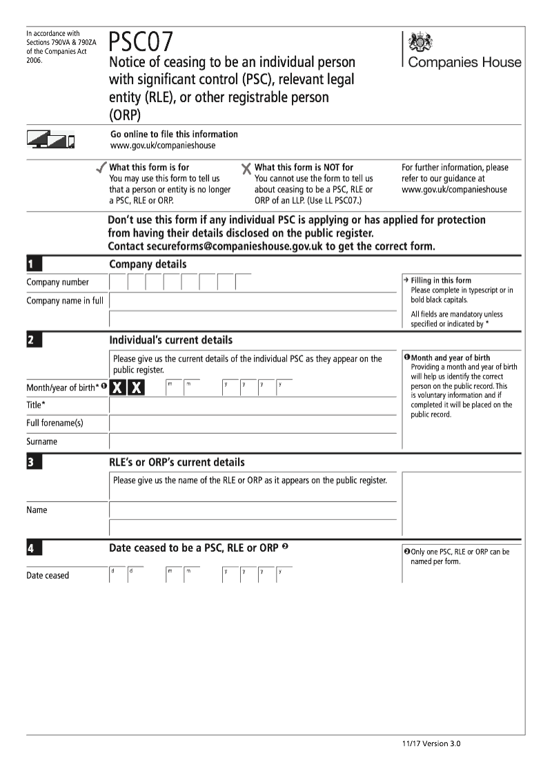 PSC07 Notice of ceasing to be an individual person with significant control PSC relevant legal entity RLE or other registrable person ORP Section 790VA and 790ZA of the Companies Act 2006 preview