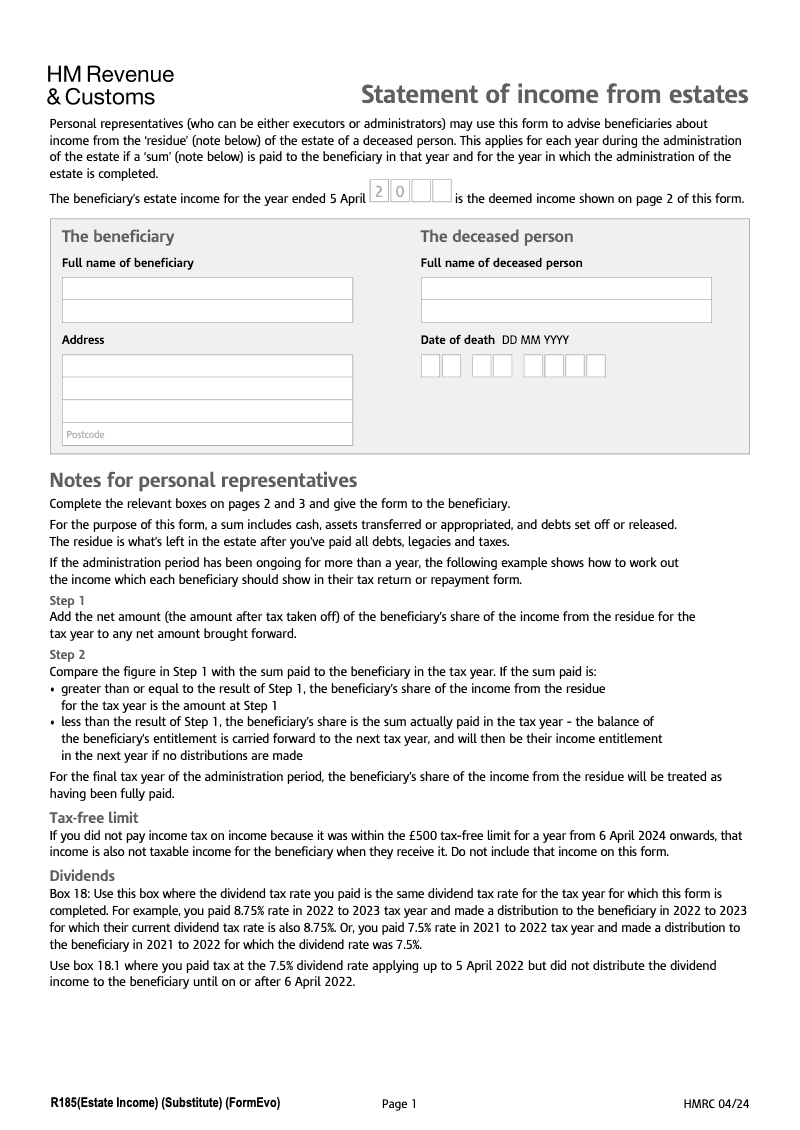 R185 Estate Income Statement of income from estates preview