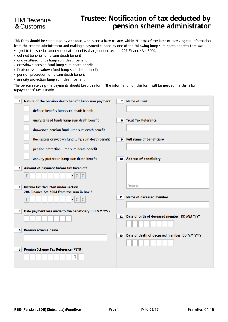 R185 Pension LSDB Trustee Notification of tax deducted by pension scheme administrator preview