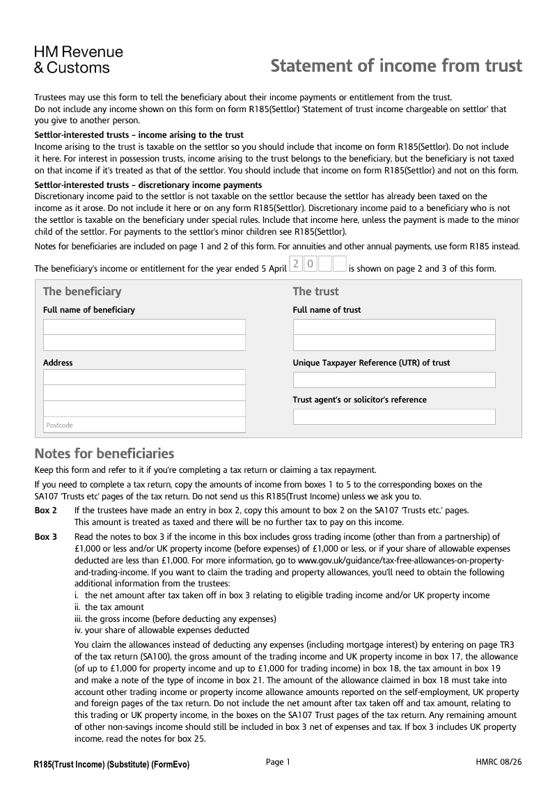 R185 Trust Income Statement of income from trust preview