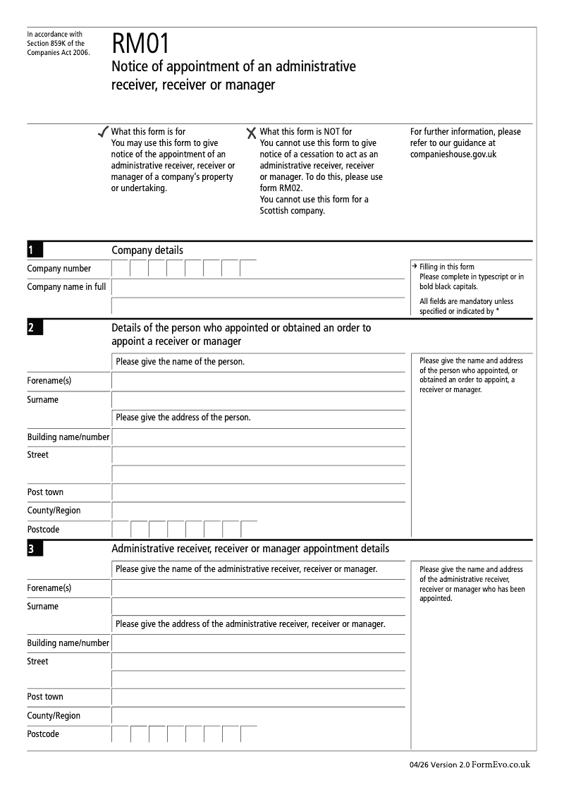 RM01 Notice of appointment of an administrative receiver receiver or manager Section 859K preview