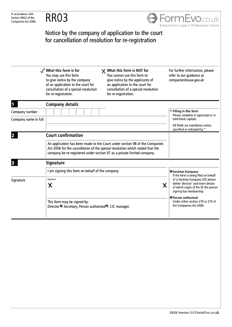 RR03 Notice by the company of application to the court for cancellation of resolution for re registration Section 99 2 preview