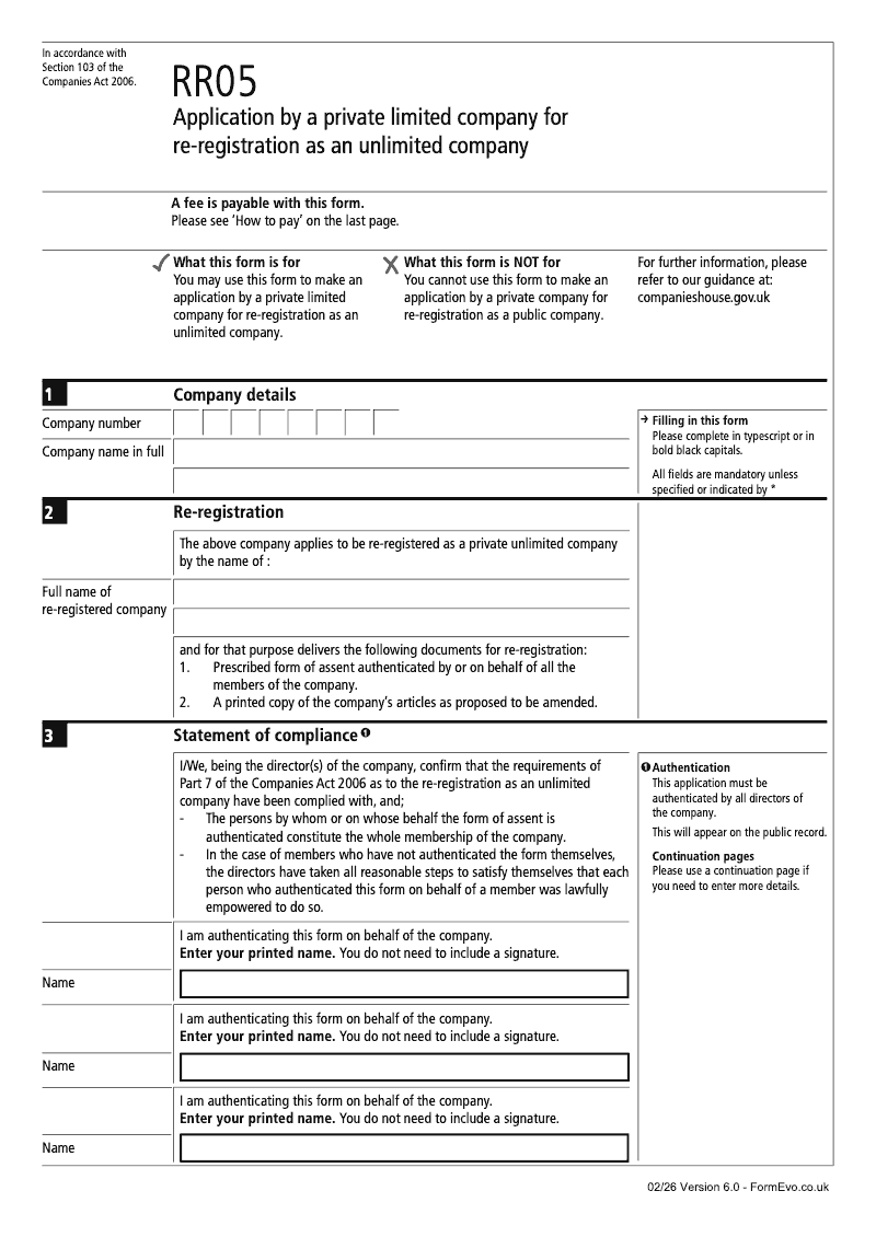 RR05 Application by a private limited company for re registration as an unlimited company Section 103 preview