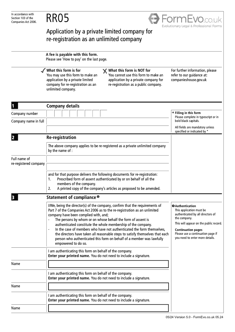 RR05 Application by a private limited company for re registration as an unlimited company Section 103 preview