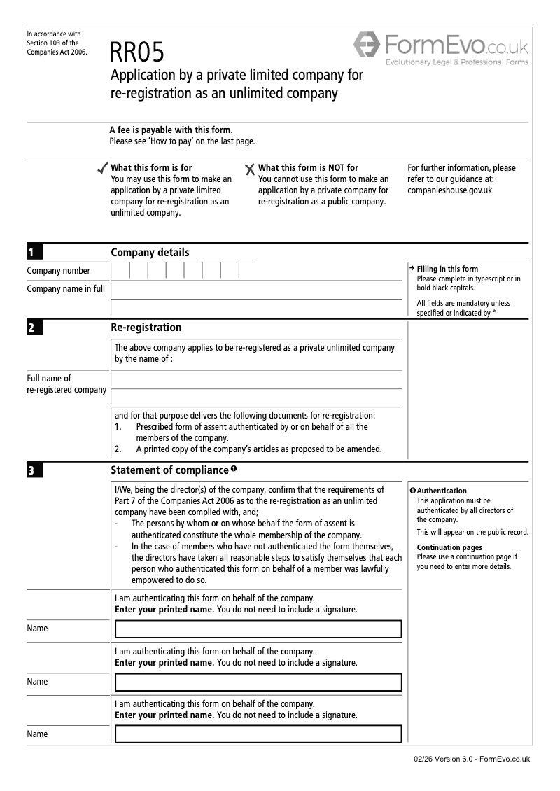 RR05 Application by a private limited company for re registration as an unlimited company Section 103 preview