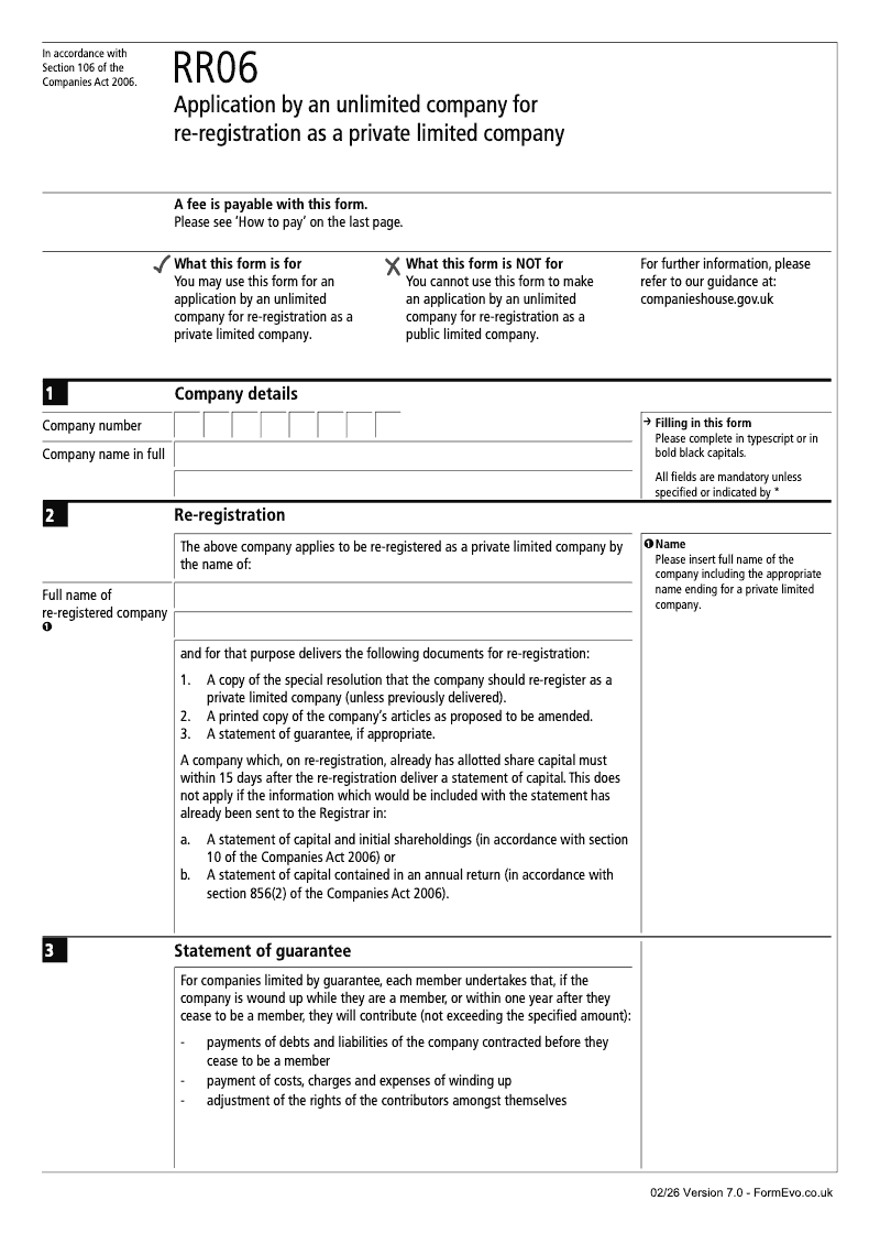 RR06 Application by an unlimited company for re registration as a private limited company Section 106 preview