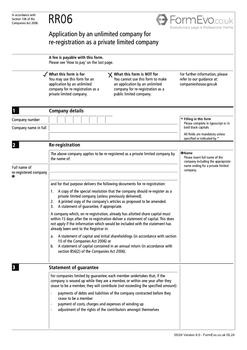 RR06 Application by an unlimited company for re registration as a private limited company Section 106 preview