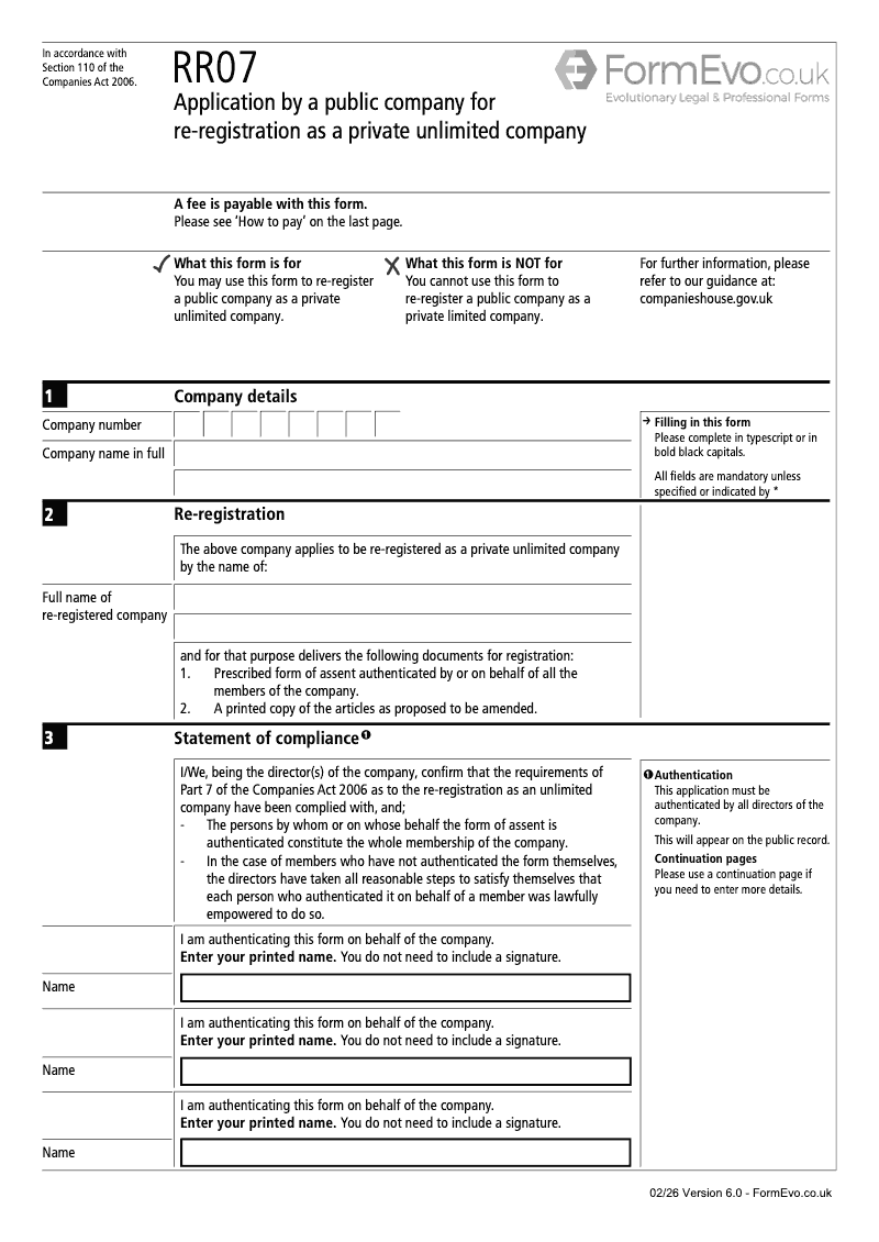 RR07 Application by a public company for re registration as a private unlimited company Section 110 preview