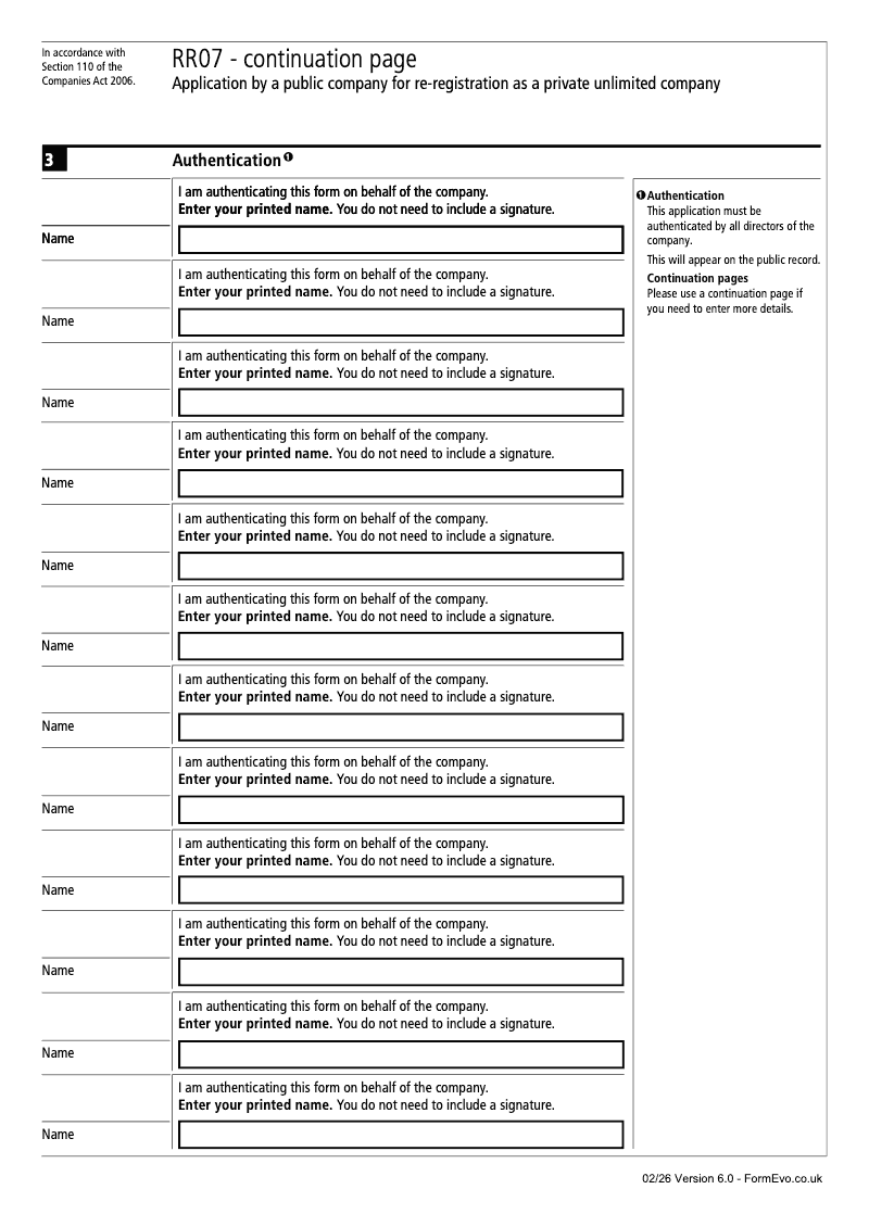 RR07 Continuation Page Signature s continuation page RR07 Application by a public company for re registration as a private unlimited company Section 110 preview