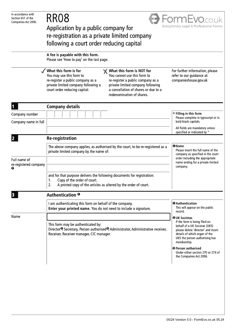 RR08 Application by a public company for re registration as a private limited company following a court order reducing capital Section 651 preview