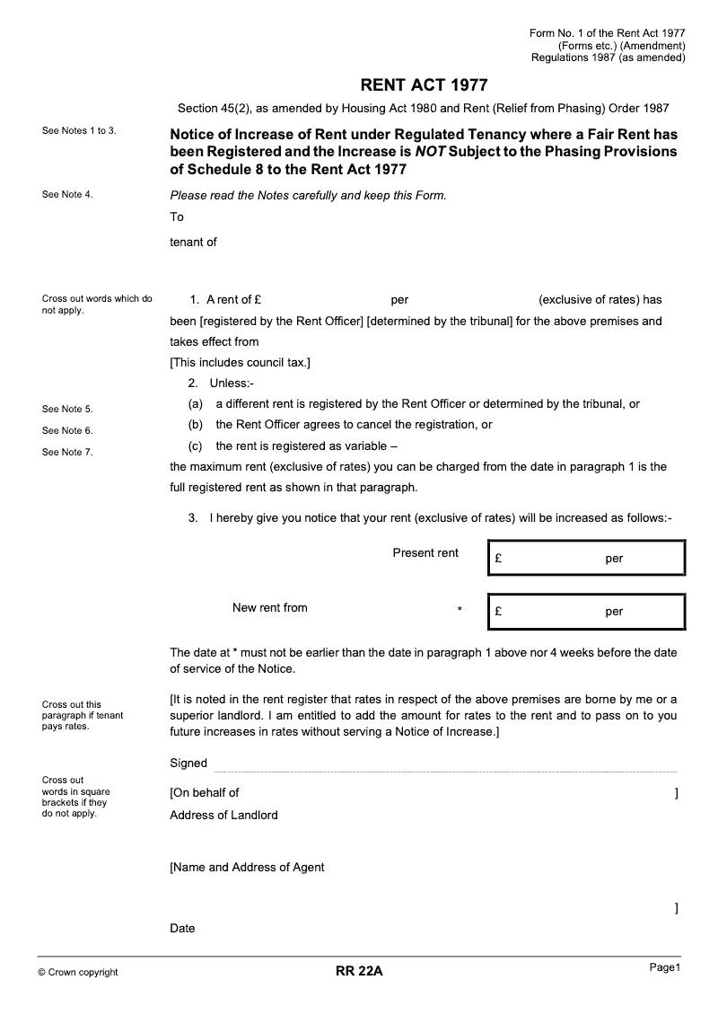 RR22A Notice of increase of rent under regulated tenancy where a Fair Rent has been registered and the increase is not subject to the phasing provisions of schedule 8 to the Rent Act 1977 Section 45 2 preview