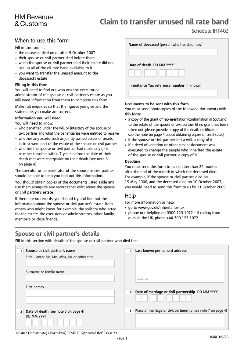 SA IHT402 Claim to transfer unused nil rate band Schedule IHT402 Standalone version preview