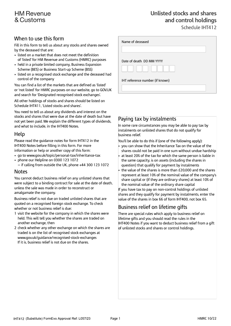 SA IHT412 Unlisted stocks and shares and control holdings Schedule IHT412 Standalone version preview