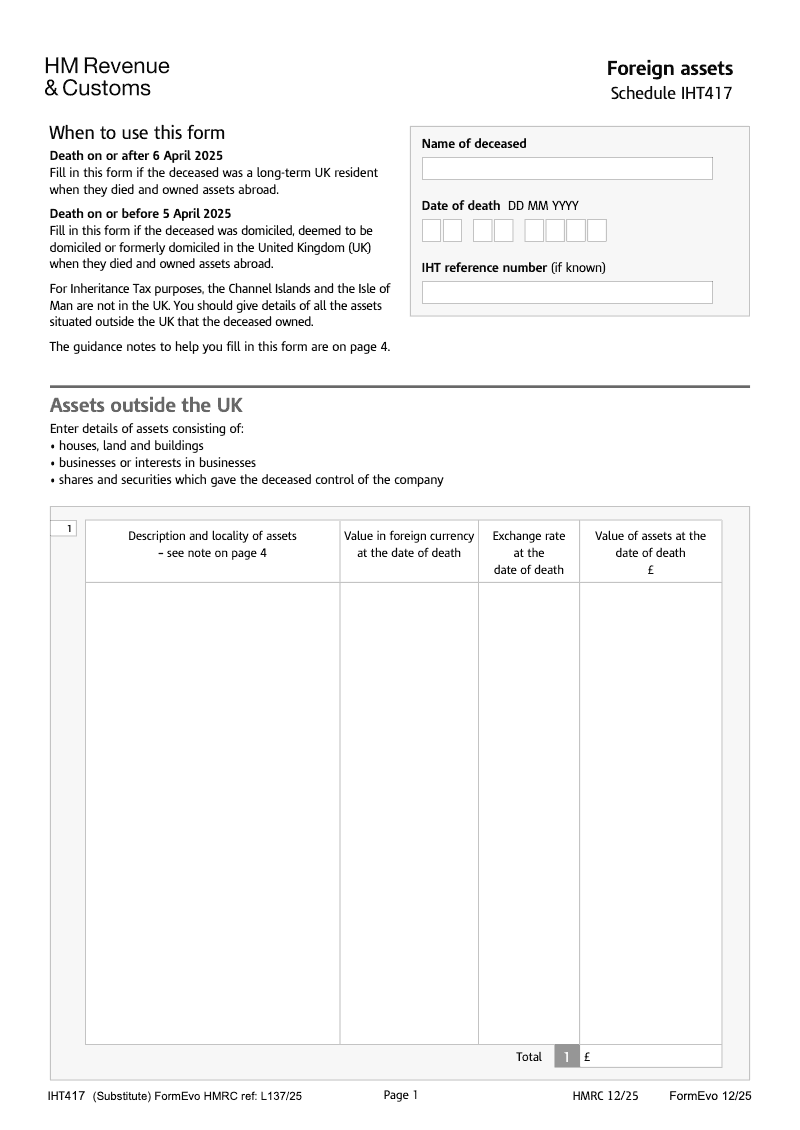 SA IHT417 Foreign assets Schedule IHT417 Standalone version preview