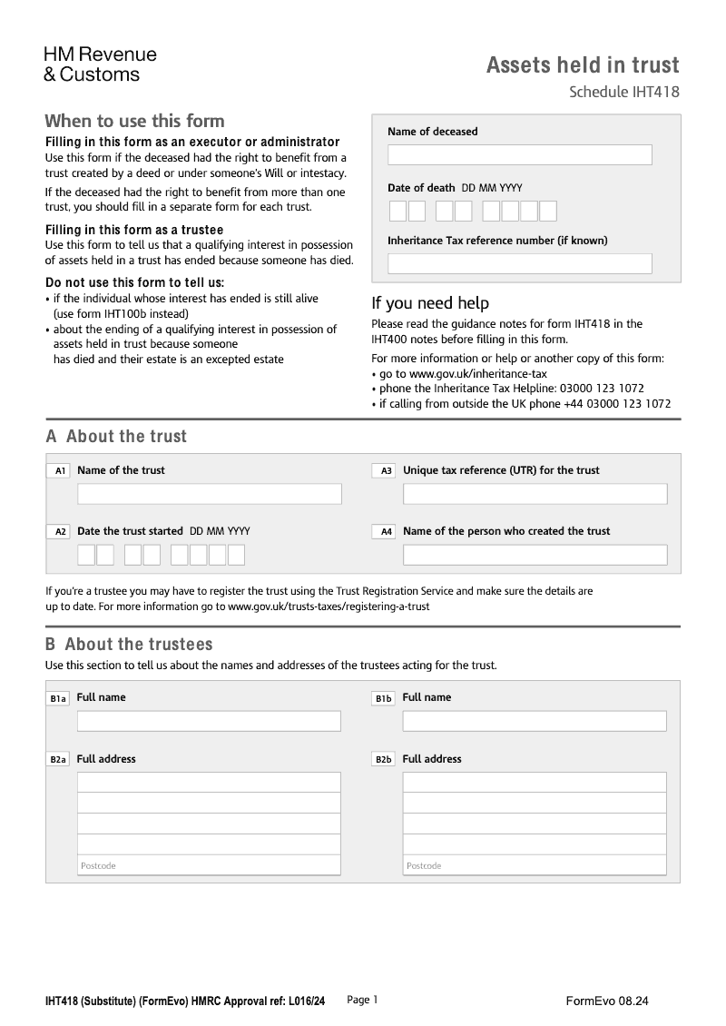 SA IHT418 Assets held in trust Schedule IHT418 Standalone version preview