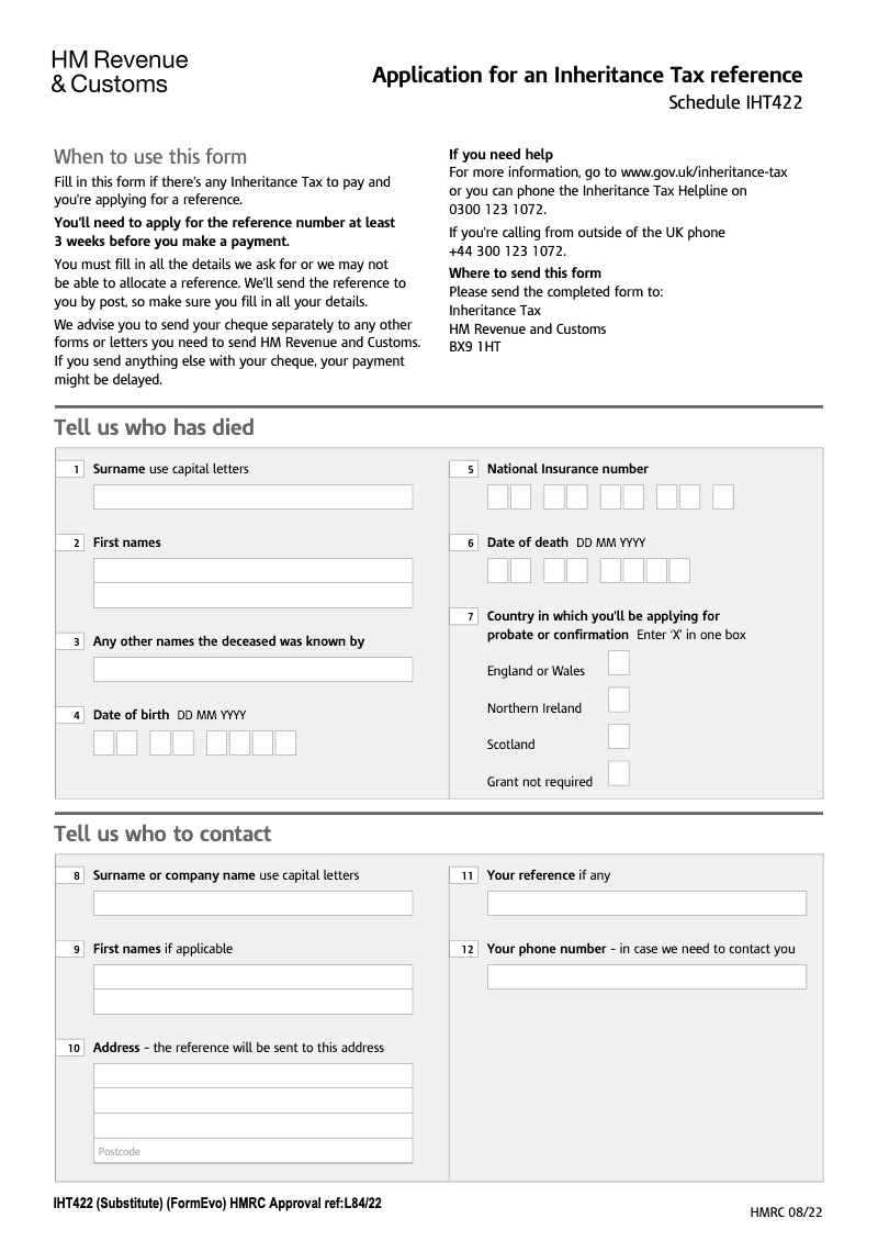 SA IHT422 Application for an Inheritance Tax reference Schedule IHT422 Standalone version preview