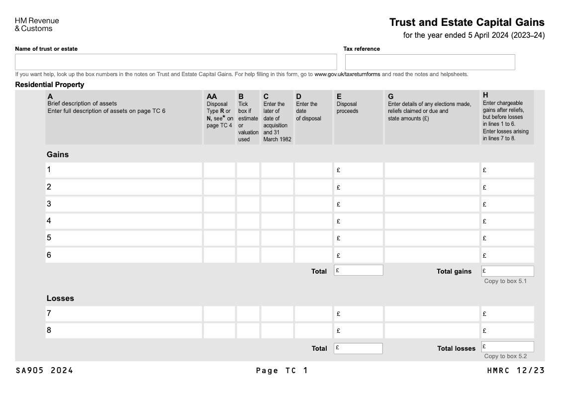 SA905 2024 Trust and Estate Capital Gains for year ended 5 April 2024 2023 24 preview