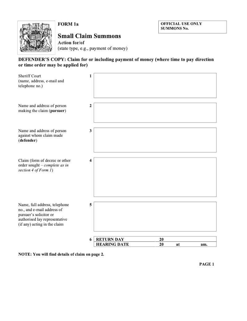 SCF1a Small Claim Summons Claim for or including payment of money where time to pay direction or time order may be applied for preview