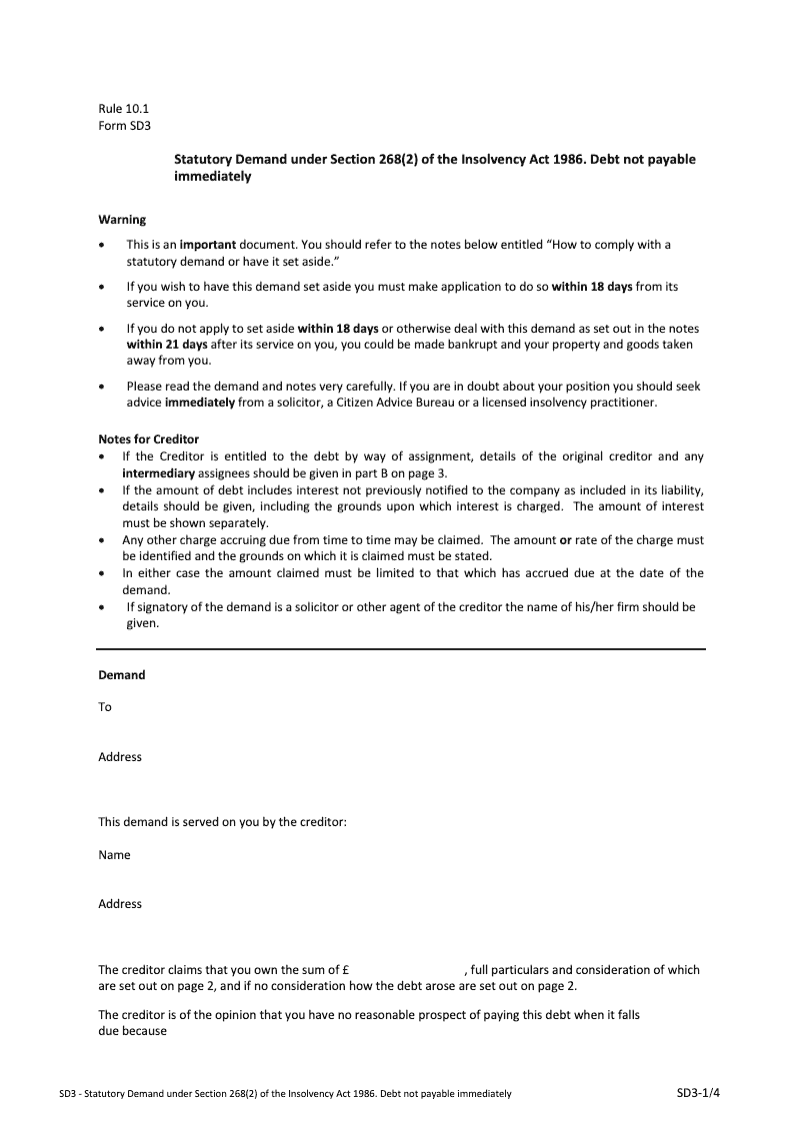 SD3 Statutory Demand under section 268 2 of the Insolvency Act 1986 Debt not payable Immediately preview