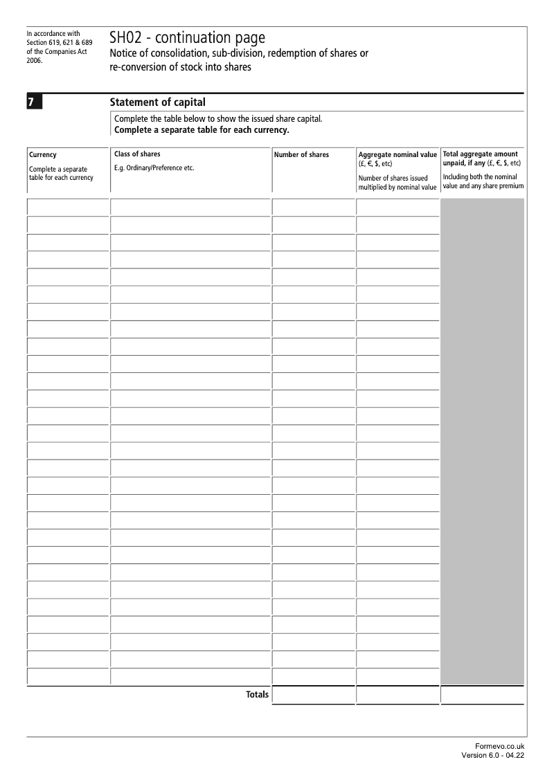 SH02 Continuation Page 1 Statement of capital continuation page SH02 Notice of consolidation sub division redemption of shares or re conversion of stock into shares Section 619 621 689 preview