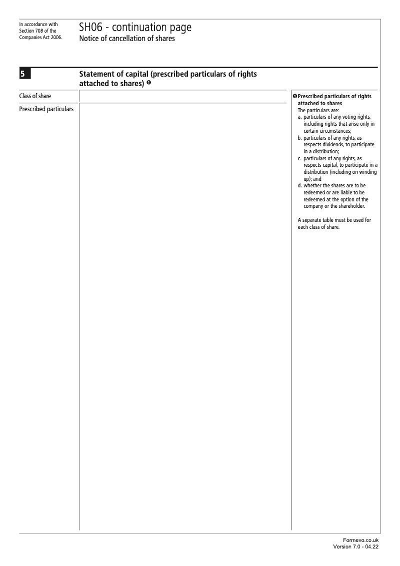 SH06 Continuation Page 2 Statement of capital Prescribed particulars or rights attached to shares continuation page SH06 Notice of cancellation of shares Section 708 preview