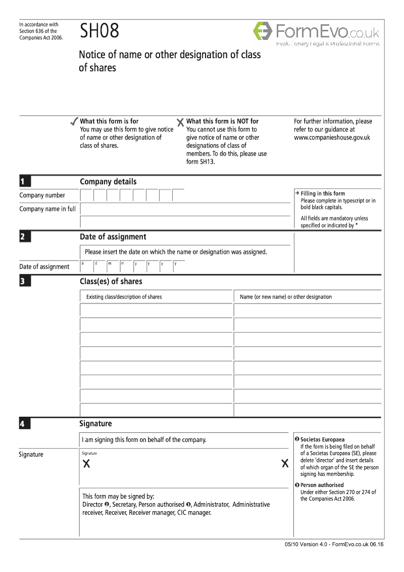 SH08 Notice of name or other designation of class of shares Section 636 preview