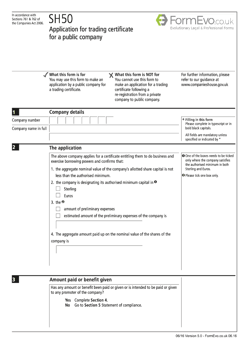 SH50 Application for trading certificate for a public company Sections 761 and 762 preview