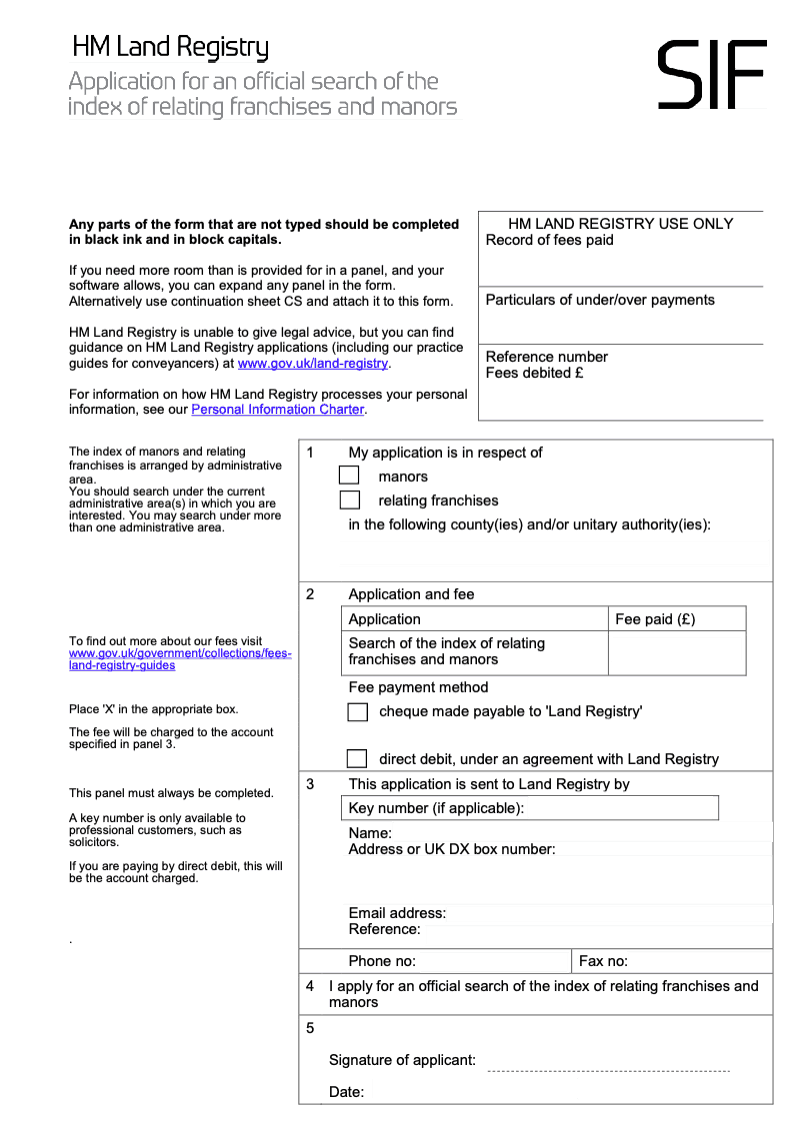 SIF Application for an official search of the index of relating franchises and manors preview