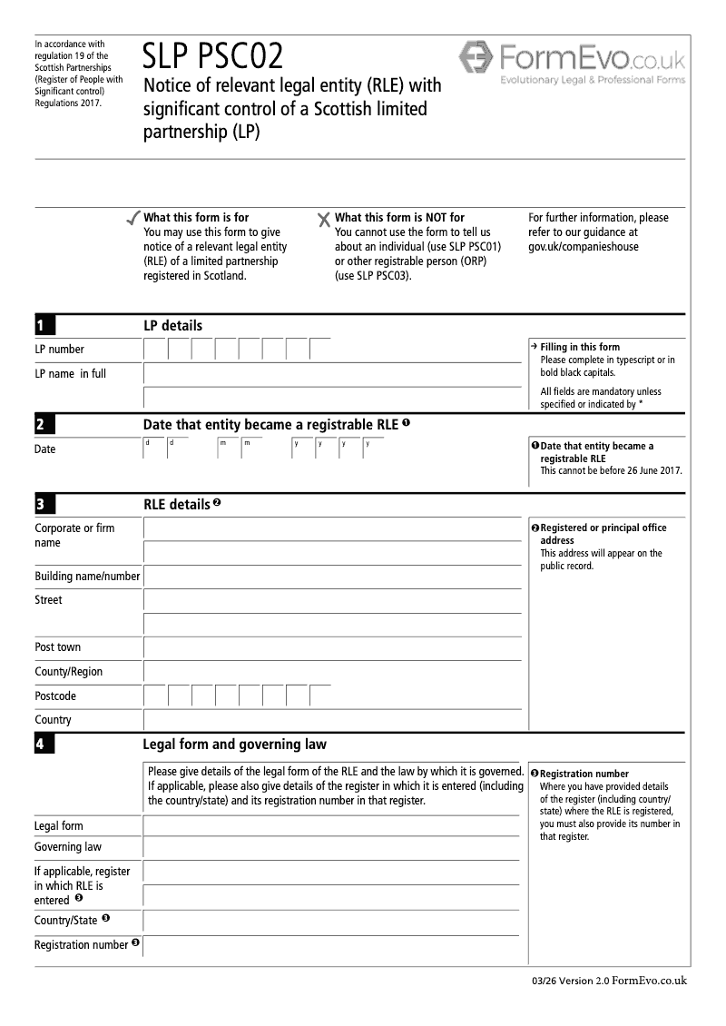 SLPPSC02 Notice of Relevant Legal Entity RLE with Significant Control of a Scottish Limited Partnership LP preview