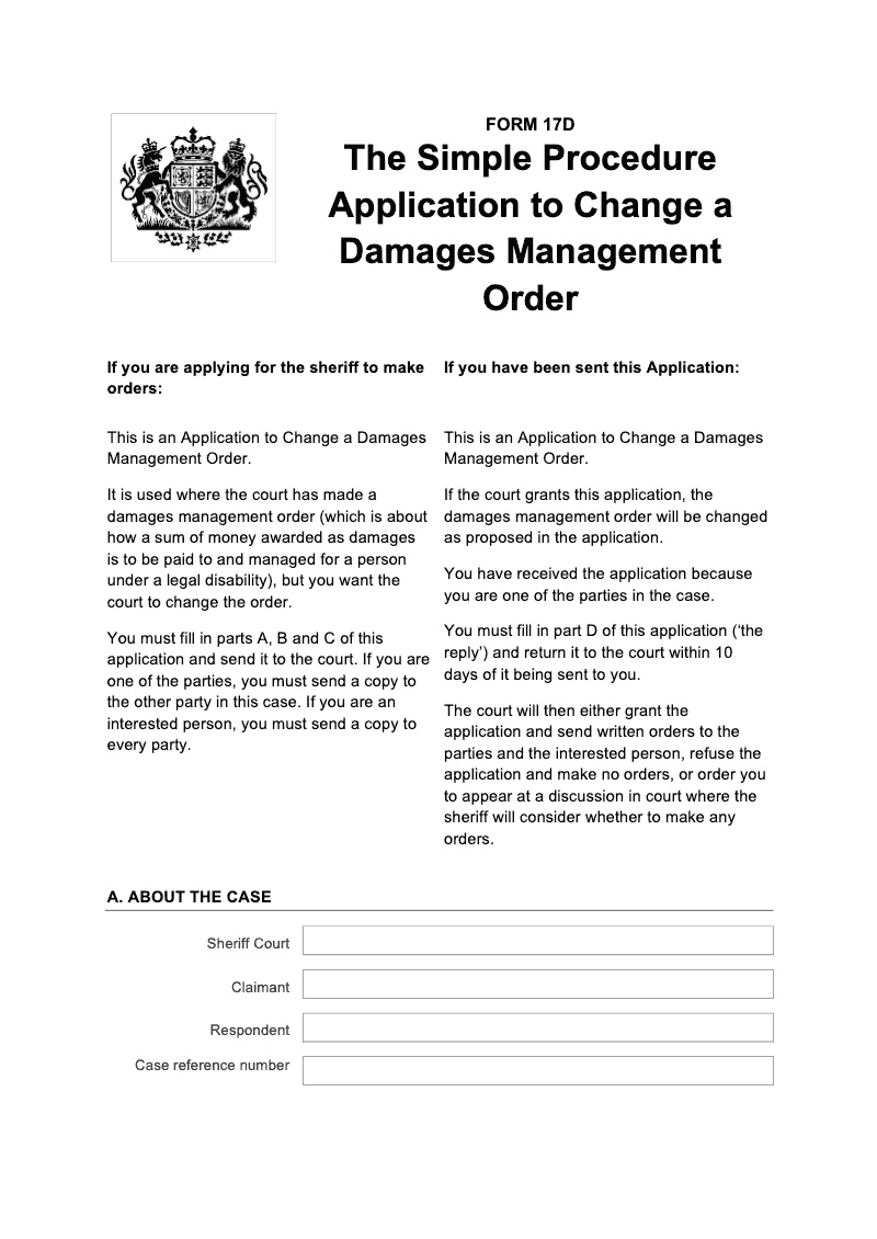 SP FORM17D Simple Procedure Application to Change a Damages Management Order preview