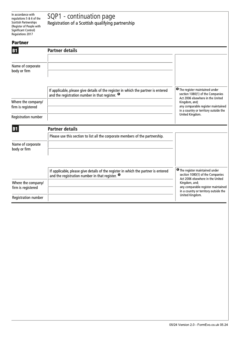 SQP1 Continuation Page 1 Section B1 partner details continuation page SQP1 Registration of a Scottish qualifying partnership preview