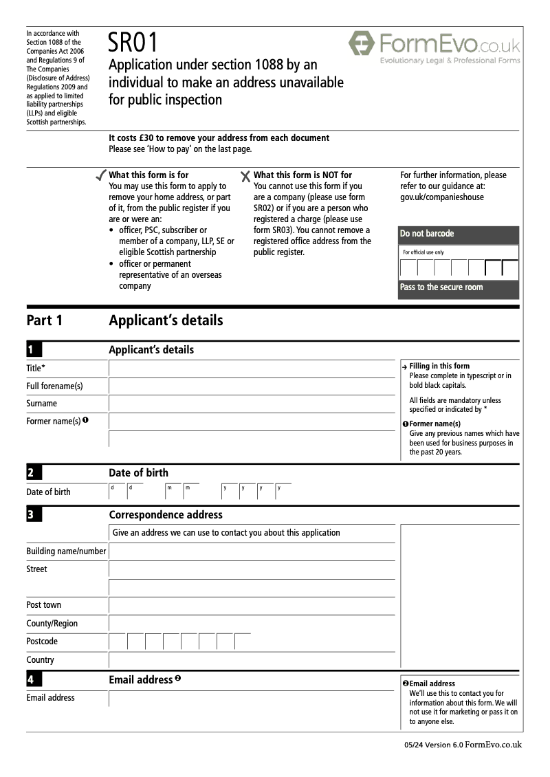 SR01 Application under section 1088 by an individual to make an address unavailable for public inspection preview