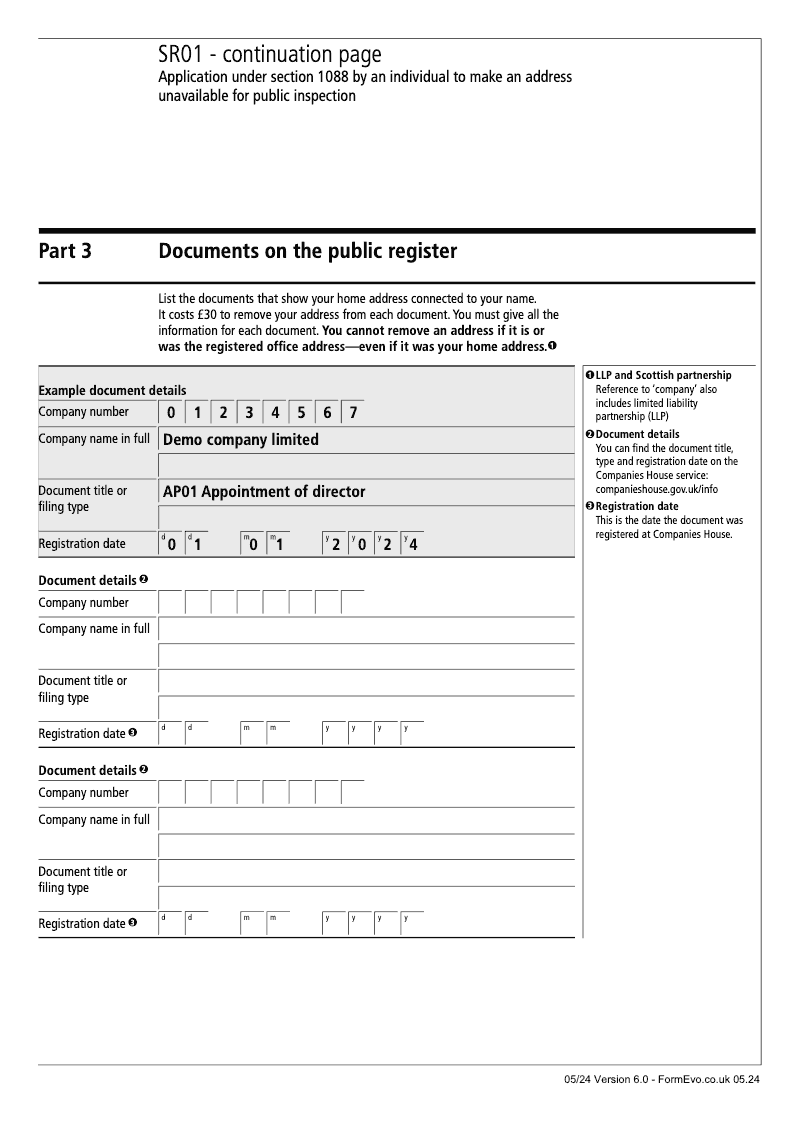 SR01 ContinuationPage Application under section 1088 by an individual to make an address unavailable for public inspection continuation page preview