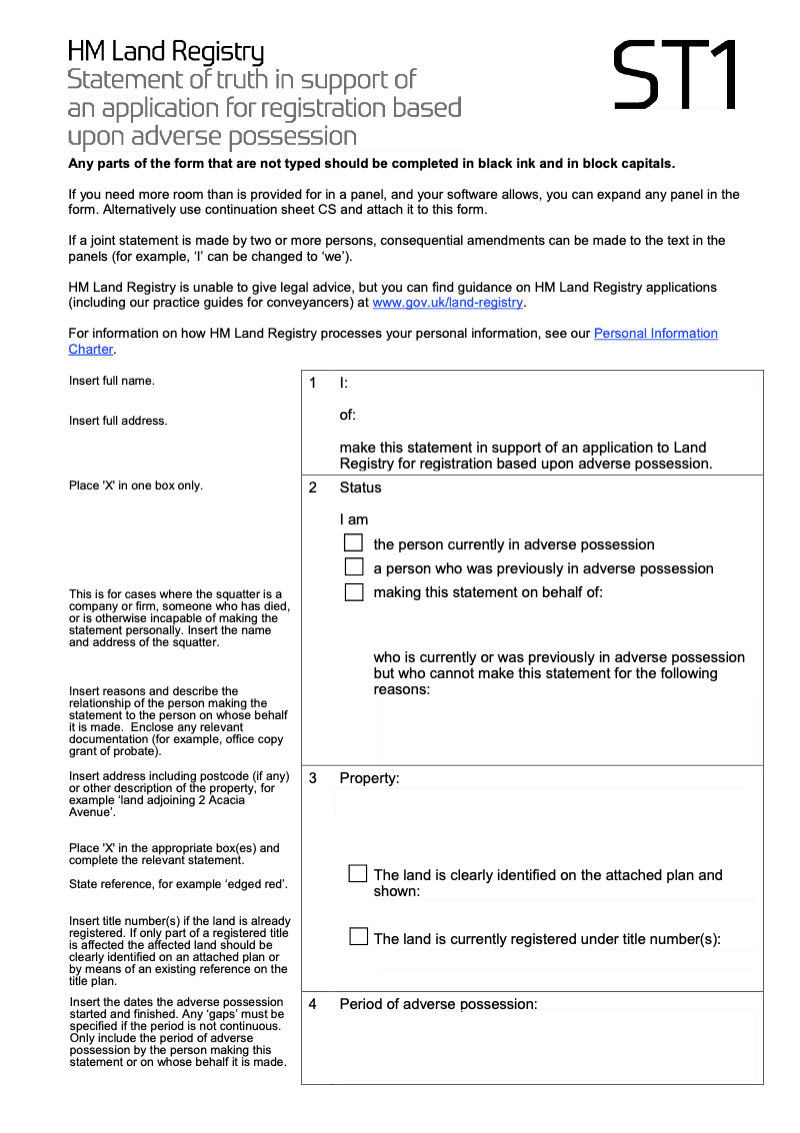 ST1X Statement of truth in support of an application for registration based upon adverse possession Word Version preview