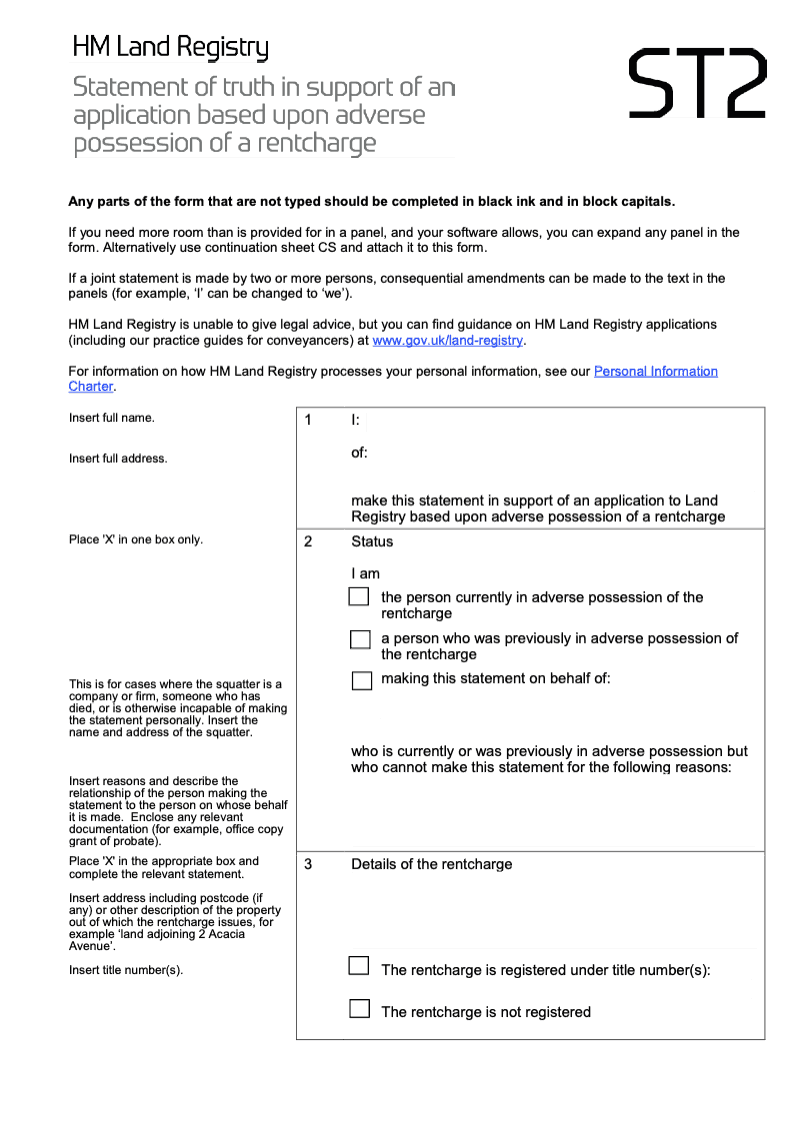 ST2X Statement of truth in support of an application based upon adverse possession of a rentcharge Word Version preview